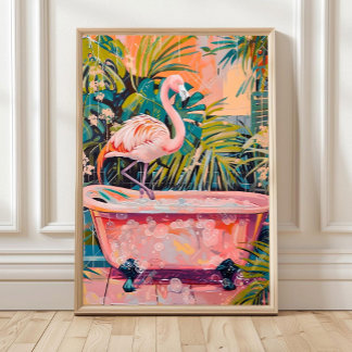 Flamingo in Bathtub Print, Bathroom Wall Art, Pink Poster