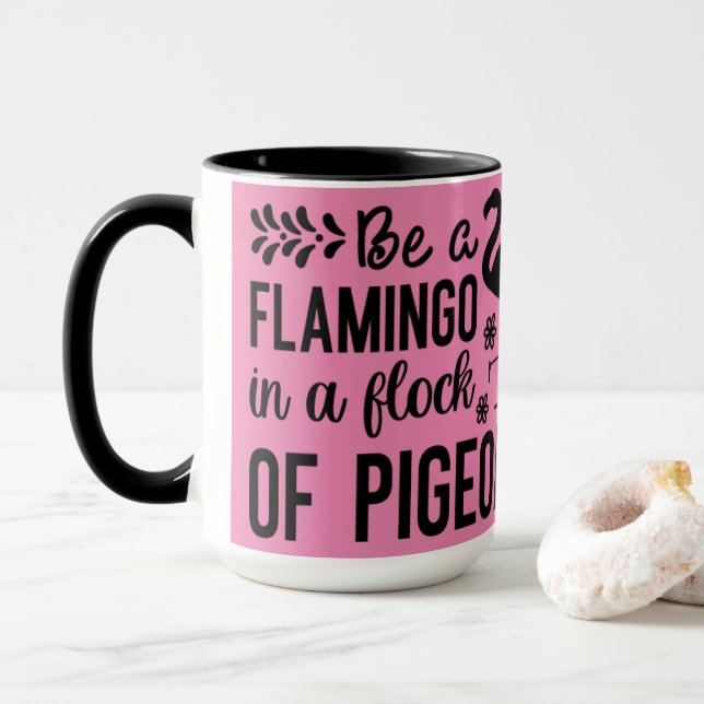 Flamingo In Flock Of Pigeons Mug (With Donut)