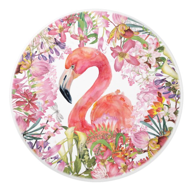 Flamingo in Flower Jungle - Summer Pattern Ceramic Knob (Front)