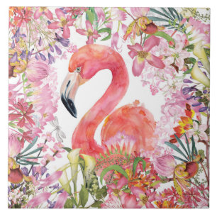 Flamingo in Flower Jungle - Summer Pattern Ceramic Tile
