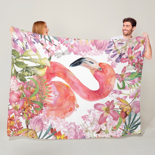 Flamingo in Flower Jungle - Summer Pattern Fleece Blanket (In Situ)
