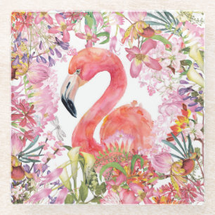 Flamingo in Flower Jungle - Summer Pattern Glass Coaster