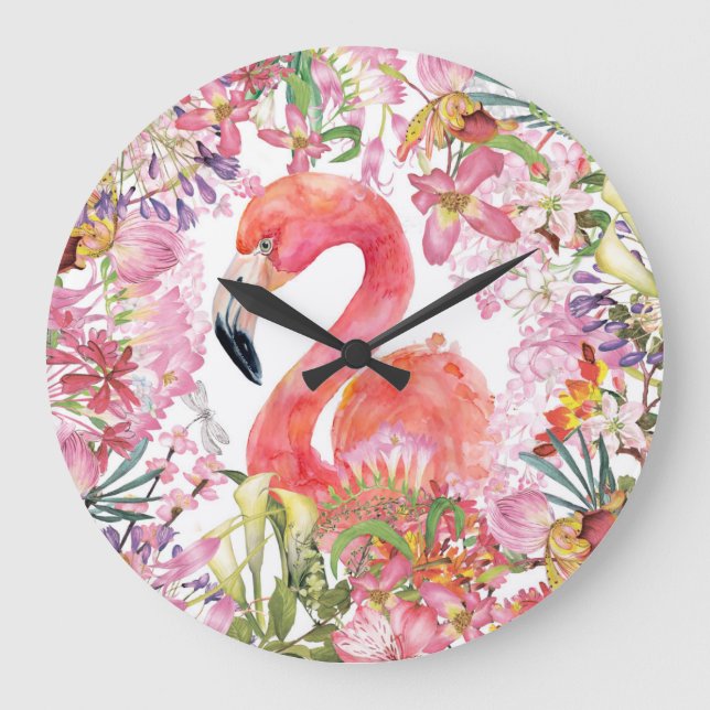 Flamingo in Flower Jungle - Summer Pattern Large Clock (Front)