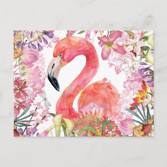 Flamingo in Flower Jungle - Summer Pattern Postcard (Front)