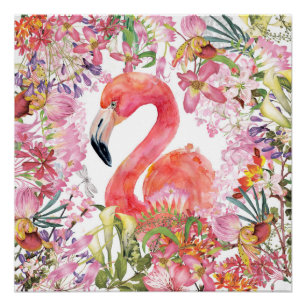 Flamingo in Flower Jungle - Summer Pattern Poster