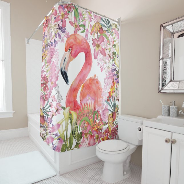 Flamingo in Flower Jungle - Summer Pattern Shower Curtain (In Situ)