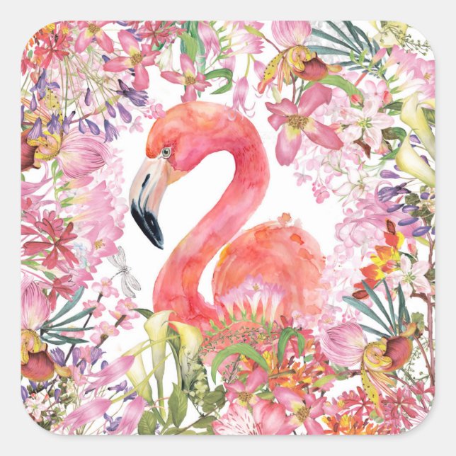 Flamingo in Flower Jungle - Summer Pattern Square Sticker (Front)
