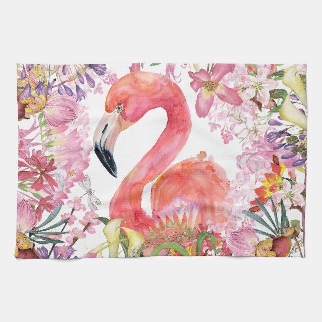Flamingo in Flower Jungle - Summer Pattern Tea Towel (Horizontal)