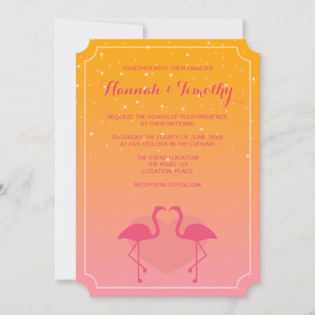 Flamingo In Love Pink And Orange Tropical Wedding Invitation (Front)