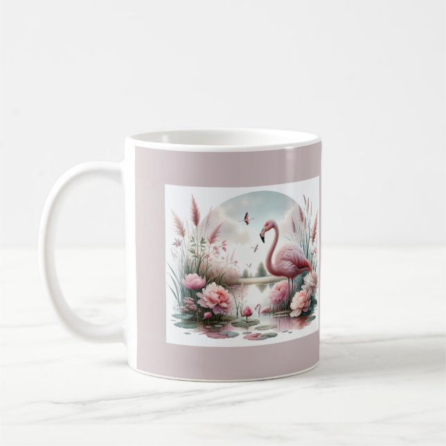 Flamingo in Pastel Pond Floral Scene Coffee Mug (Left)