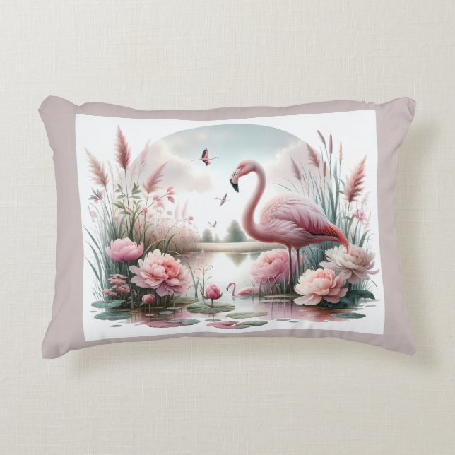 Flamingo in Pastel Pond Floral Scene Decorative Cushion (Front)