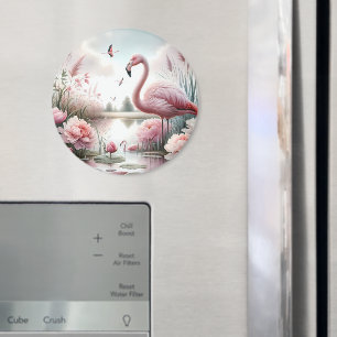 Flamingo in Pastel Pond Floral Scene Magnet