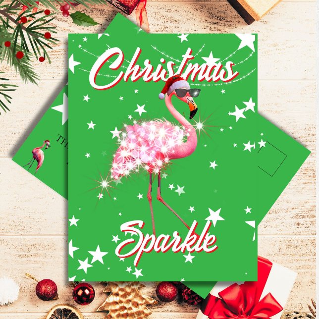 Flamingo in Santa Hat & Sunglass Green Christmas Postcard (Creator Uploaded)