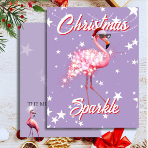 Flamingo in Santa Hat & Sunglass Purple Christmas  Holiday Card