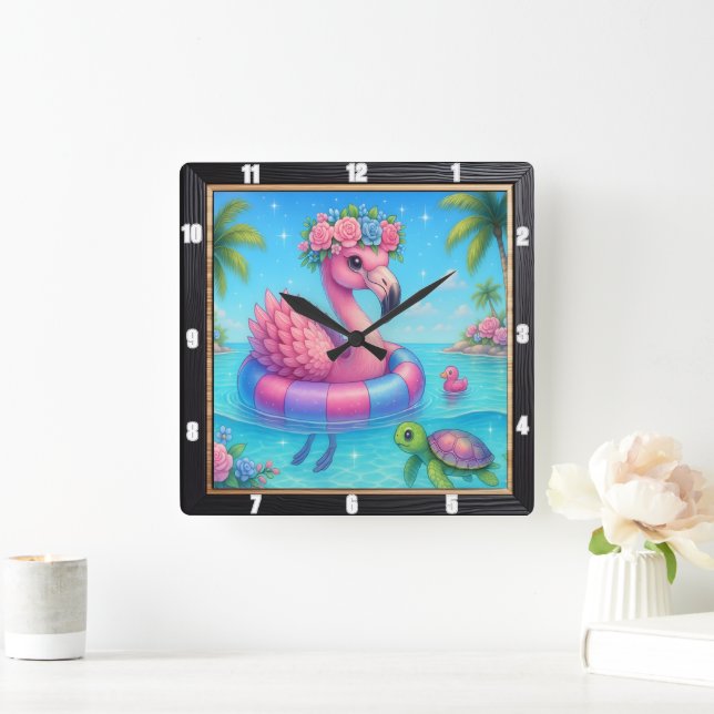 Flamingo Inner Tube Beach  Square Wall Clock (Home)