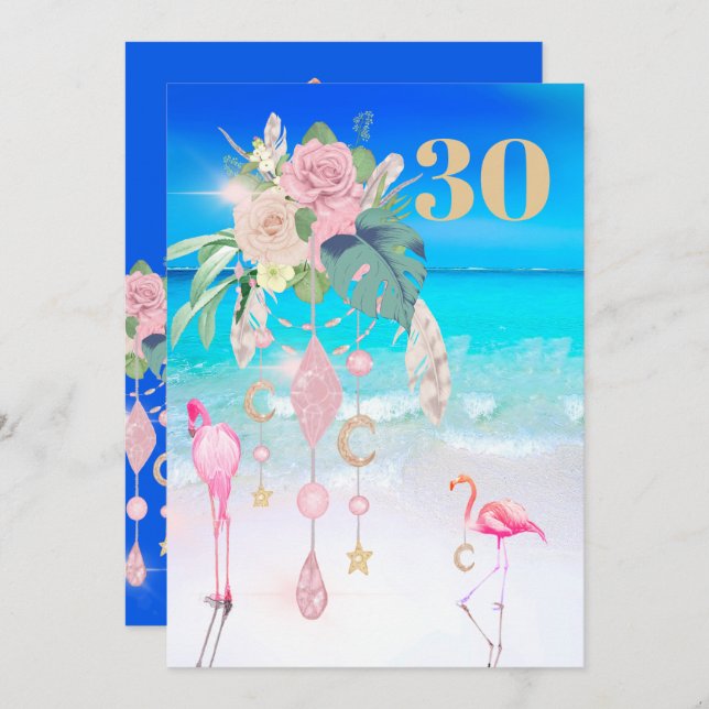 Flamingo Jewel Beach Floral 30th Birthday  Invitation (Front/Back)