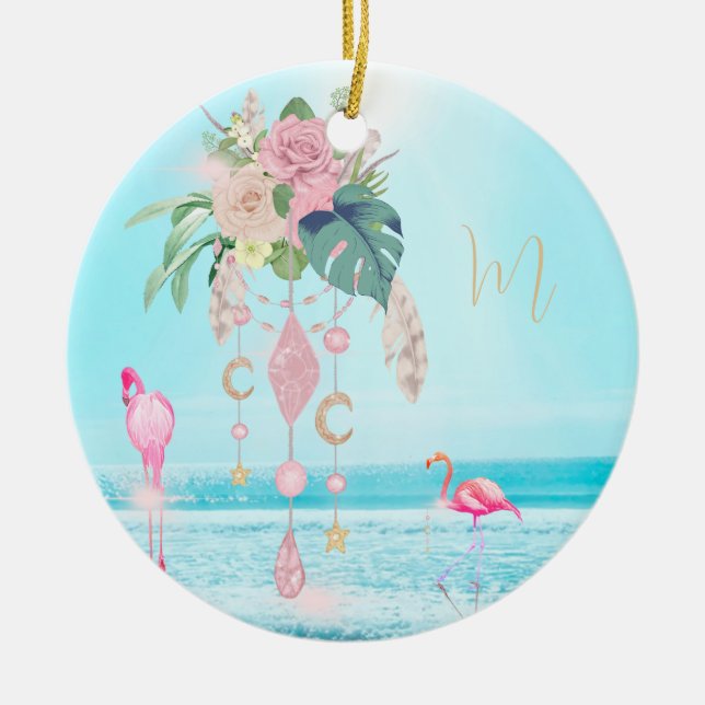 Flamingo Jewel Beach Floral Pretty Ceramic Ornament (Front)