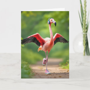 Flamingo Jogging with Pink Sneakers and Headphones Card