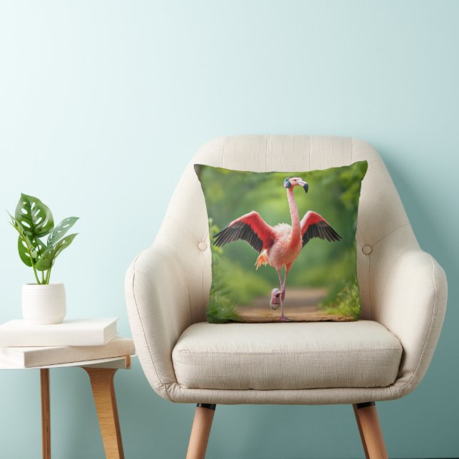 Flamingo Jogging with Pink Sneakers and Headphones Cushion (Chair)