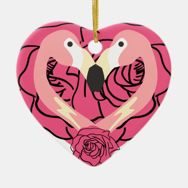 Flamingo Kissing and hearts Ceramic Ornament (Front)