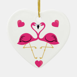 Flamingo Kissing and hearts Ceramic Ornament