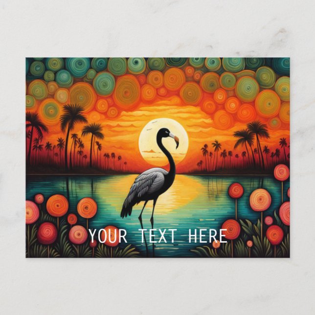 Flamingo Lake Sunset Palm Tree Colourful Floral Postcard (Front)