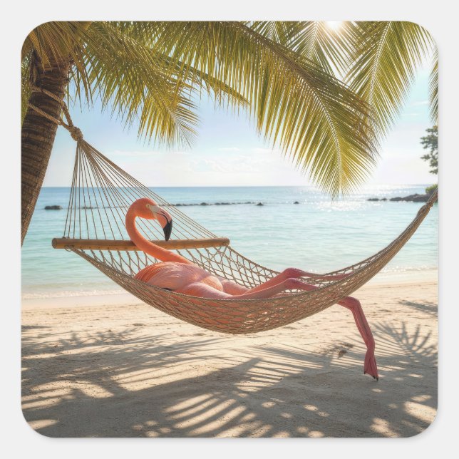 Flamingo Lounging in a Hammock Square Sticker (Front)