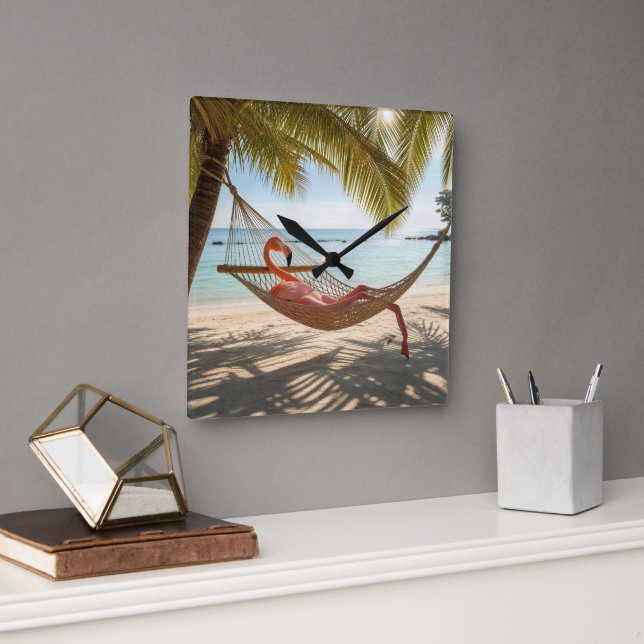 Flamingo Lounging in a Tropical Beach Hammock Square Wall Clock (Office)
