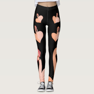 Flamingo Love, Black Custom Leggings, Heart Leggings