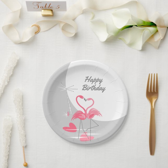 Flamingo Love Large Moon Birthday paper plates (Wedding)