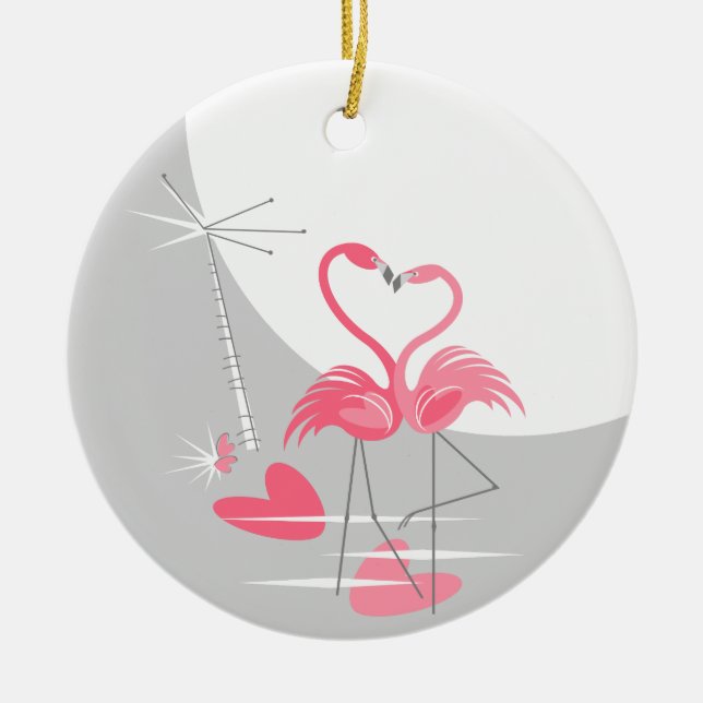 Flamingo Love Large Moon Names Date ornament round (Front)