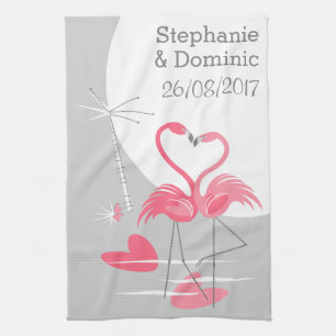 Flamingo Love Large Moon Names Date vertical Tea Towel