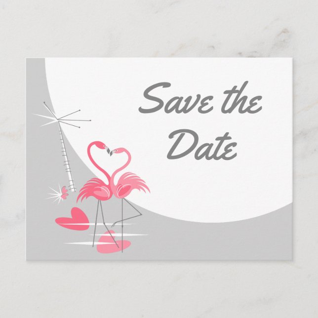 Flamingo Love Large Moon Save Date text Announcement Postcard (Front)