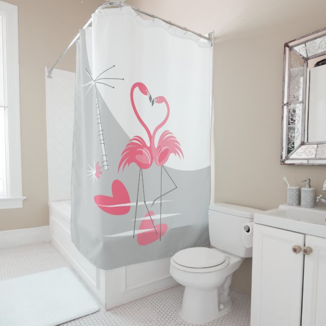 Flamingo Love Large Moon shower curtain (In Situ)
