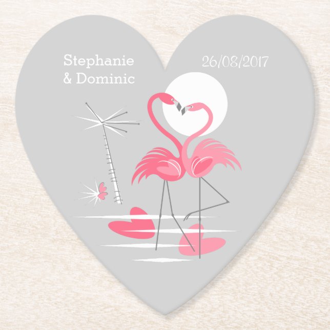 Flamingo Love Names Date coaster heart (Front)