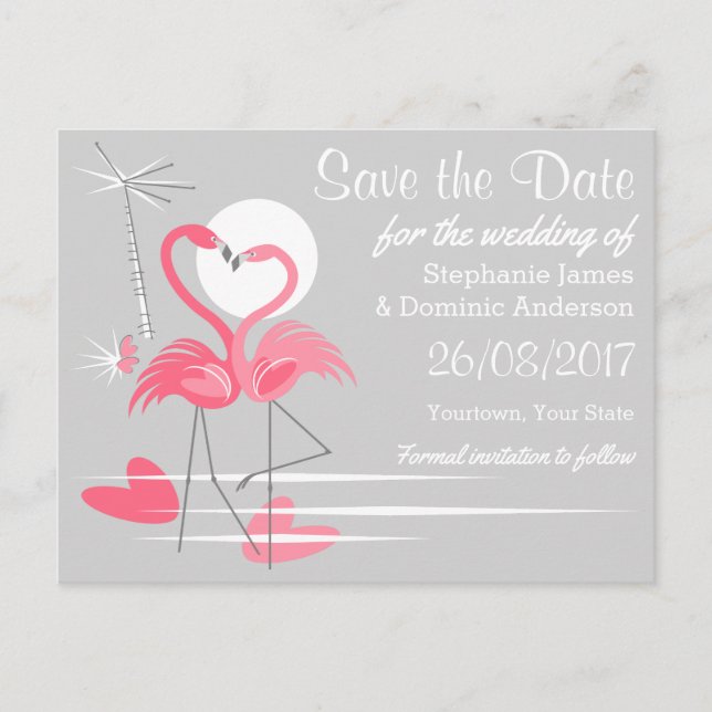 Flamingo Love Save the Date postcard landscape (Front)