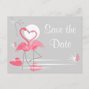 Flamingo Love Side Save the Date grey landscape Announcement Postcard
