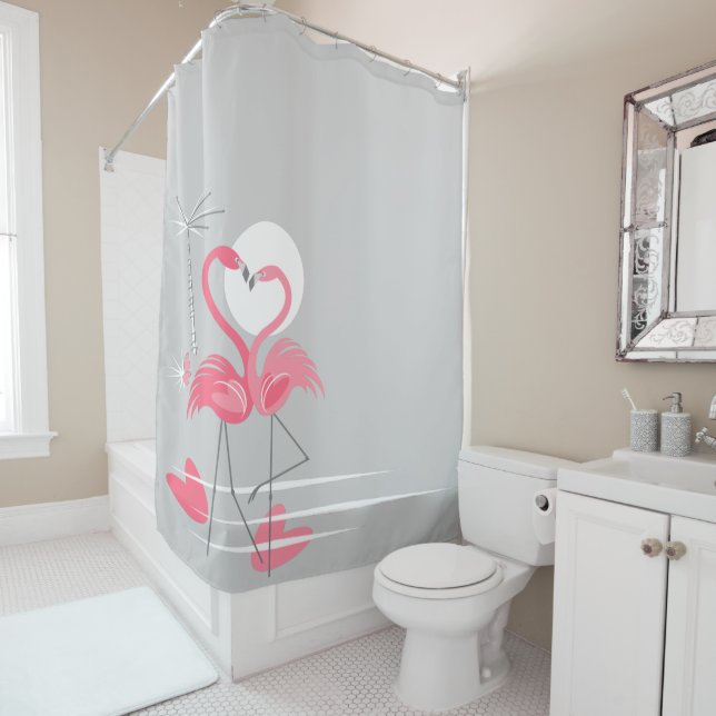 Flamingo Love Side shower curtain (In Situ)