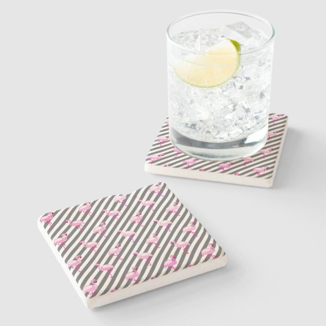 Flamingo Lover Pink Bird Diagonal Stripes Stone Coaster (Side)