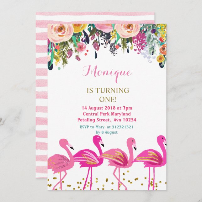 Flamingo Luau birthday invitation (Front/Back)