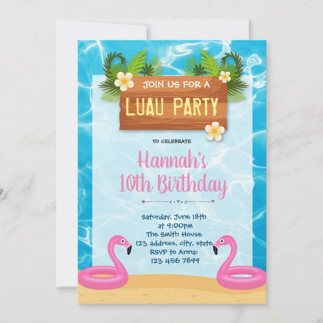 Flamingo luau birthday party invitation (Front)