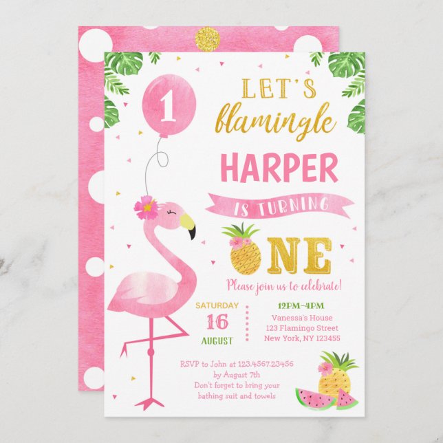 Flamingo Luau First 1st Birthday Party Invitations (Front/Back)
