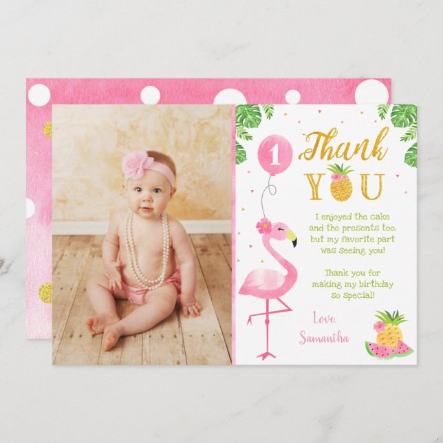 Flamingo Luau First 1st Birthday Thank You Cards (Front/Back)