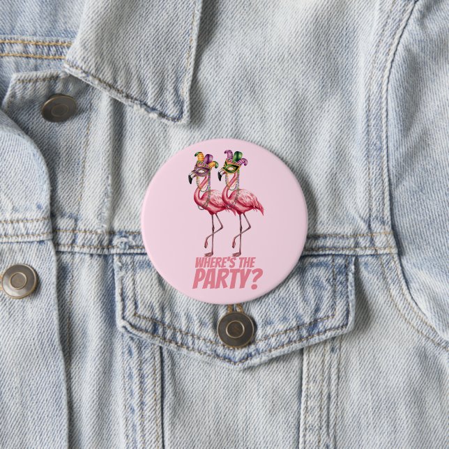 Flamingo Mardi Gras Party Goers 7.5 Cm Round Badge (In Situ)