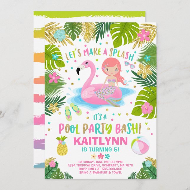 Flamingo & Mermaid Pool Party Invitation Tropical (Front/Back)
