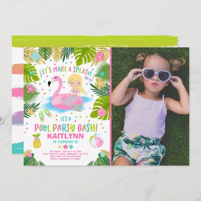 Flamingo & Mermaid Pool Party Invitation Tropical (Front/Back)