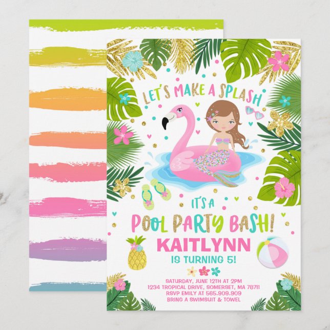 Flamingo & Mermaid Pool Party Invitation Tropical (Front/Back)