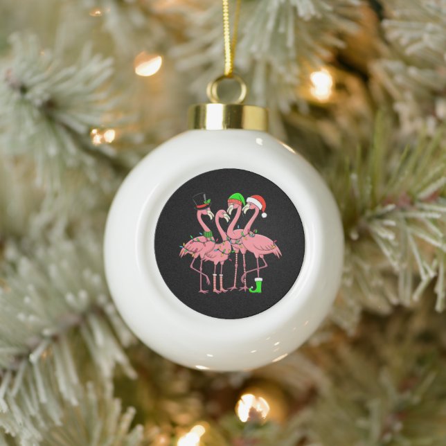 Flamingo Merry Christmas Funny Flamingo Lover Gift Ceramic Ball Christmas Ornament (Tree)