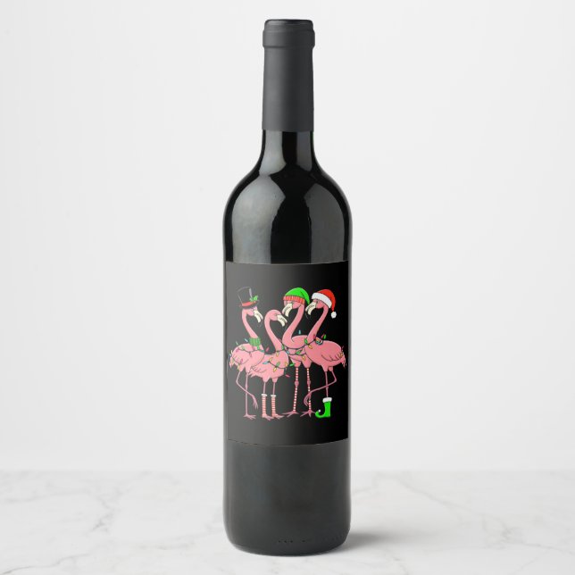 Flamingo Merry Christmas Funny Flamingo Lover Gift Wine Label (Front)