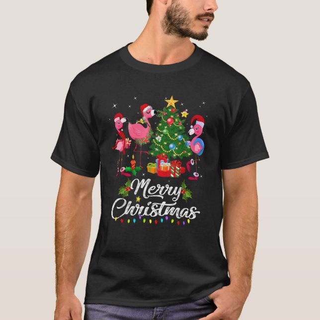 Flamingo Merry Christmas Tree Santa Hat Xmas Holid T-Shirt (Front)
